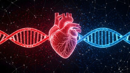 Glowing red heart with blue and red dna strands on dark background