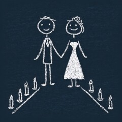 Chalk drawing of a bride and groom holding hands, standing together between rows of lit candles on a dark surface.