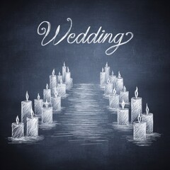 Chalk drawing of a wedding aisle lined with candles leading to an altar, with "Wedding" scripted above.