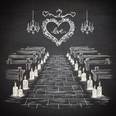 Wedding aisle chalk drawing with candles, benches, chandeliers, and a heart frame with "love" on blackboard background.