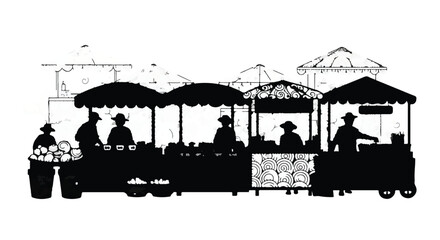 Obraz premium Vibrant outdoor market stalls bustling with vendors and customers under umbrellas