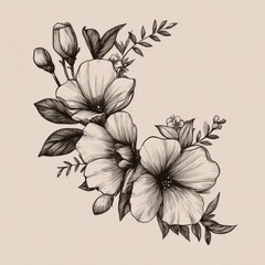 Black and white detailed floral illustration featuring blooming flowers and leaves on a beige background.
