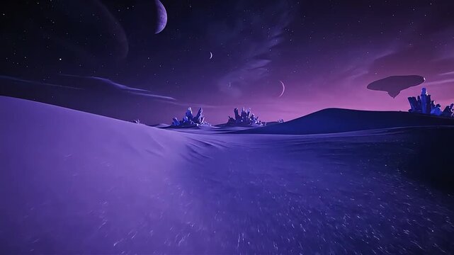 Mysterious alien landscape bathed in purple twilight with distant celestial bodies and floating islands.
