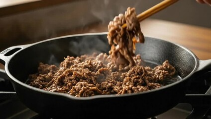Ground beef being cooked in a cast iron skillet with chopsticks.