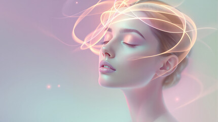 Serene woman with glowing neon lines around her face in soft pastel colors