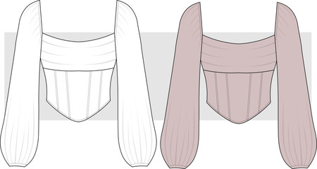 Women's elegant blouse with waist corset detail and draping fashion technical drawing, illustration. Front view, top vector. CAD, Mockup.