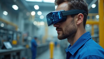 Man wears VR headset in factory. Digital interface displays data. Futuristic tech aids industrial workers. Smart factory operations improve efficiency.