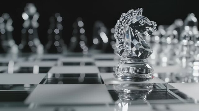 Crystal Chess Pieces Moving on a Chessboard, Strategic Gameplay