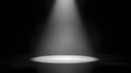 Dark stage with empty round spotlight illuminating floor in black background.