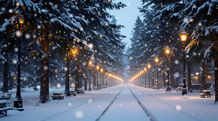 Snowy park pathway with warm streetlights on a winter evening