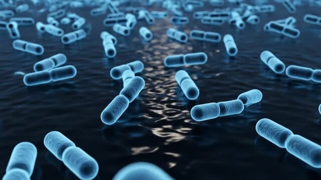 Numerous glowing blue rod-shaped microorganisms, possibly bacteria, on a dark, textured surface