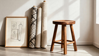 Interior design still life with a wooden stool, fabric rolls, and a framed sketch. Natural materials and craftsmanship for home decor and furniture design.