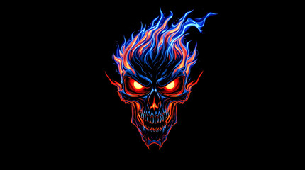 Vibrant flaming skull with glowing red eyes on black background