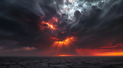 Dramatic sunset over cracked earth with dark stormy clouds