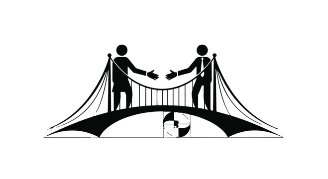 Two figures reaching out to shake hands across a stylized bridge symbolizing connection and partnership.