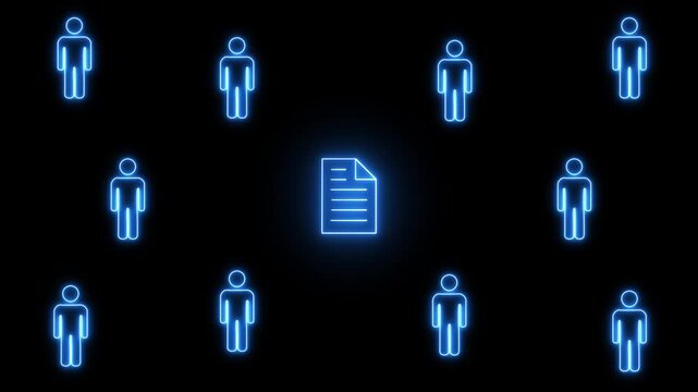 Digital Document Sharing Network Animation with Connected Human Icons on Black Background, Glowing Green Data Distribution Concept for Corporate Systems