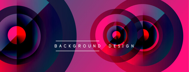Abstract circles overlap, creating vibrant pink, blue gradients. Text reads background design centered between shapes. Modern, dynamic visual.