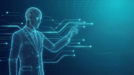 A futuristic concept of a wireframe AI robot businessman interacting with a digital interface. The robot is touching a glowing circuit node, representing a solution process, connectivity, and data exe