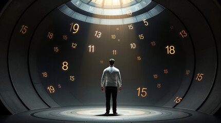 Man lost in time surrounded by clocks in futuristic room