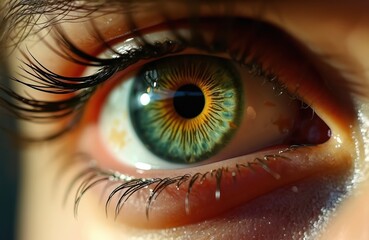 Fototapeta premium Extreme macro shot of a human eye shows intricate iris details, complex patterns, and delicate eyelashes. The vibrant green and gold colors create a striking visual impact and sense of depth.