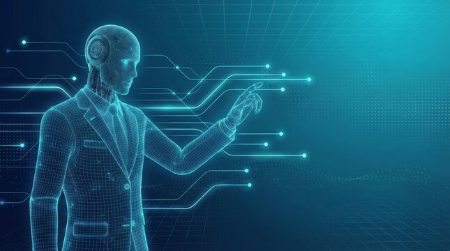 A futuristic concept of a wireframe AI robot businessman interacting with a digital interface. The robot is touching a glowing circuit node, representing a solution process, connectivity, and data exe - Powered by Adobe