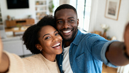 Happy young black couple taking a selfie at home. Smiling man and woman looking at the camera together. Portrait of a loving relationship and domestic life