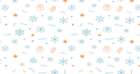 Hand drawn doodle snowflake, gift box, star seamless pattern, festive winter holiday background print design
