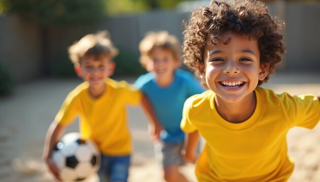 Diverse group of children play soccer in a sunny suburban yard. Kids run with ball, laugh happily. Enjoying summer sport, active childhood fun, teamwork builds friendship.