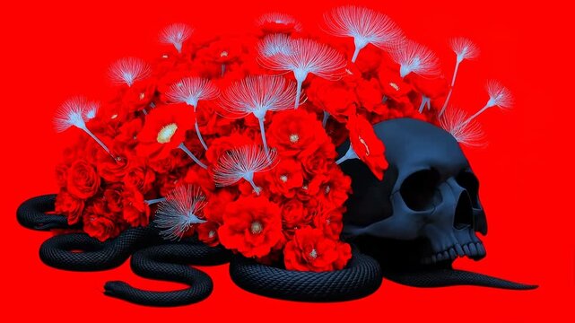 Dark skull and snake arrangement with vivid red flowers and dandelion seeds on bright background forming powerful gothic fantasy concept of life and death