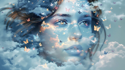 Woman's face surrounded by colorful butterflies and clouds dreamily