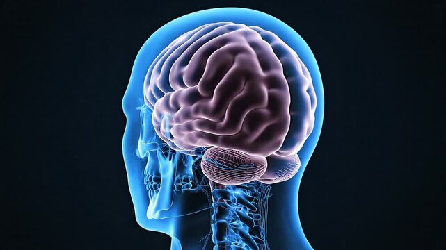 Medical illustration of the human brain in profile, highlighting neurological structures