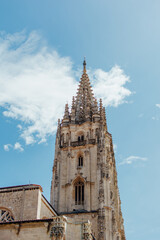 Fototapeta premium Gothic tower of Oviedo Cathedral against blue sky, Asturias, Spain