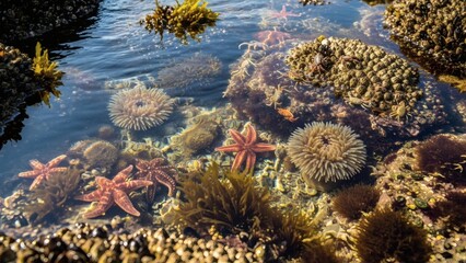 Marine life in clear water with starfish and sea anemones