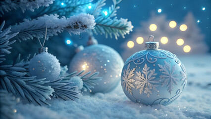 Frosted pine branches with glittering blue and white christmas ornaments and snowflake decorations in cozy festive winter holiday atmosphere