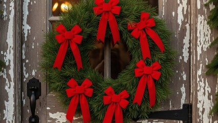 Beautiful christmas wreath hanging on the old wooden door