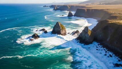 Rugged coastline with rocky outcrops and waves