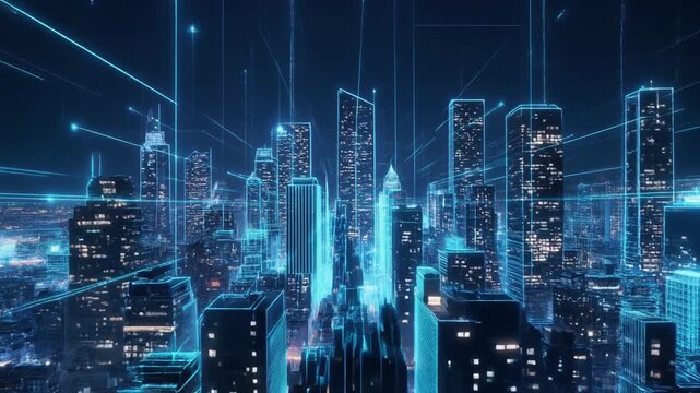"Futuristic neon-lit cityscape at night with interconnected skyscrapers glowing in blue digital lines"