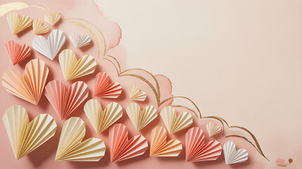 Vibrant paper hearts in shades of pink, white, and gold on soft background