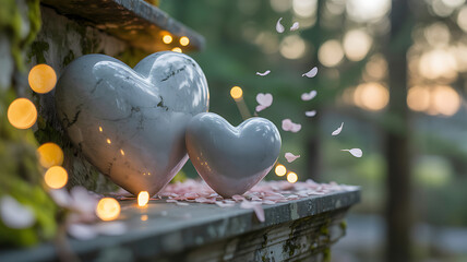 Marble hearts on a stone pedestal with soft pink petals and warm lights