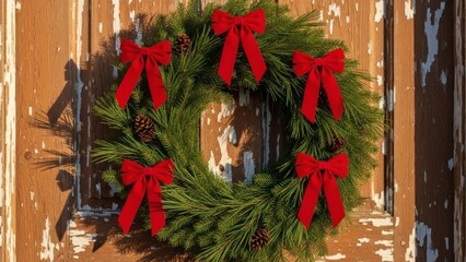 Beautiful christmas wreath hanging on old wooden door