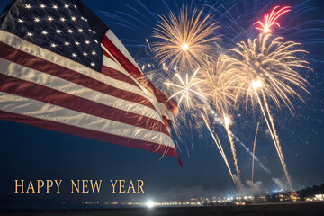 American flag waving with vibrant fireworks exploding in night sky with happy new year text