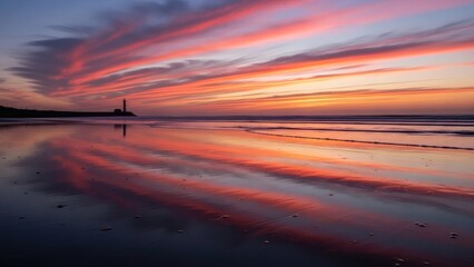 Beautiful sunset over the beach with lighthouse in the distance