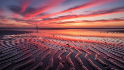 Beautiful sunset over the beach with rippled sand