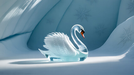 Elegant glass swan sculpture in snowy landscape with frosty ambiance