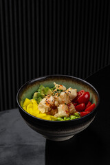 Poke bowl with chicken, tofu, yuuyama and vegetables isolated for menu