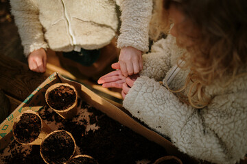 Children preparing seeds for planting in small compost pots.