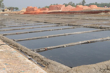 Obraz premium raw salt farm plot with water and polythene bed