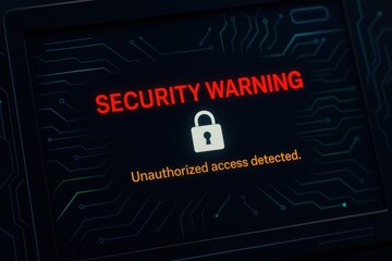 Cybersecurity Alert: A stark digital display flashes a security warning, depicting a digital lock, signaling unauthorized access.
