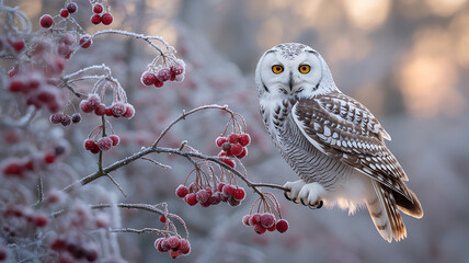 Snowy owl perched on frosty branch with red berries in winter landscape