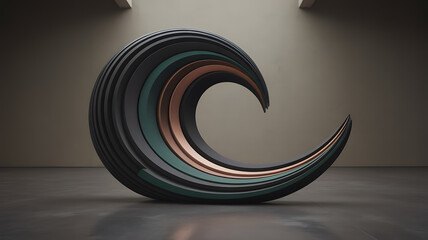 Modern wave sculpture in dark colors and metallic tones on display
